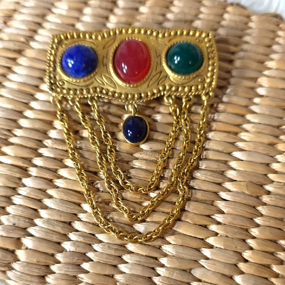 Vintage Jewelry - Vintage Gold Brooch with Red, Blue, and Green Cabochon Stones